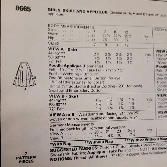 VINTAGE McCalls 8665 Girls Circular Skirt & Poodle Applique Pattern Girls 10 - Picture 2 of 2